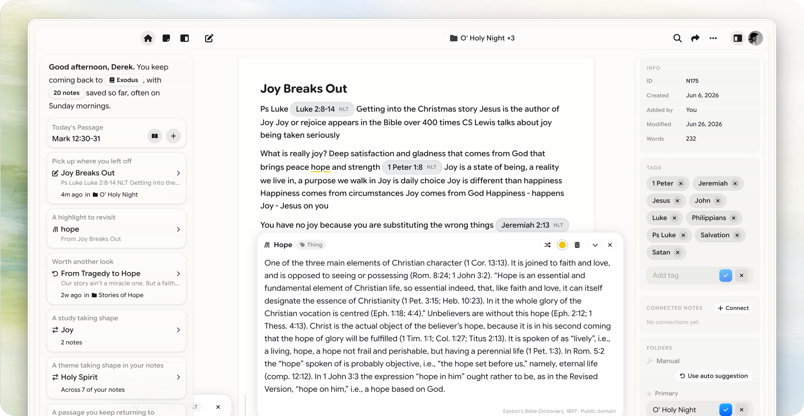 The Harvous app: My Home on the left and an open note on the right — scripture shown as tap-able pills, a highlighted phrase, and today's passage.