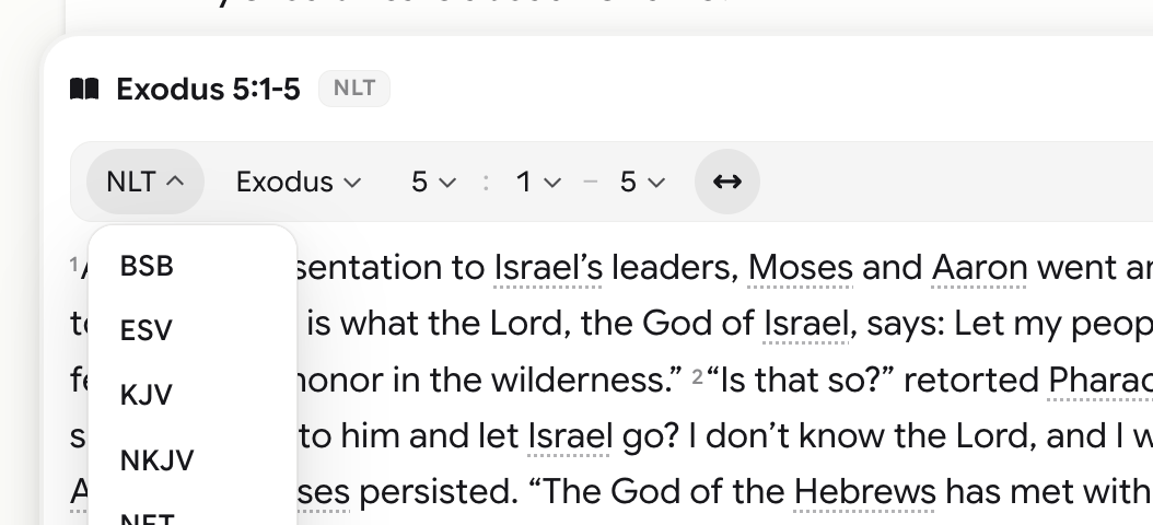 A scripture reference opened inline with a translation picker